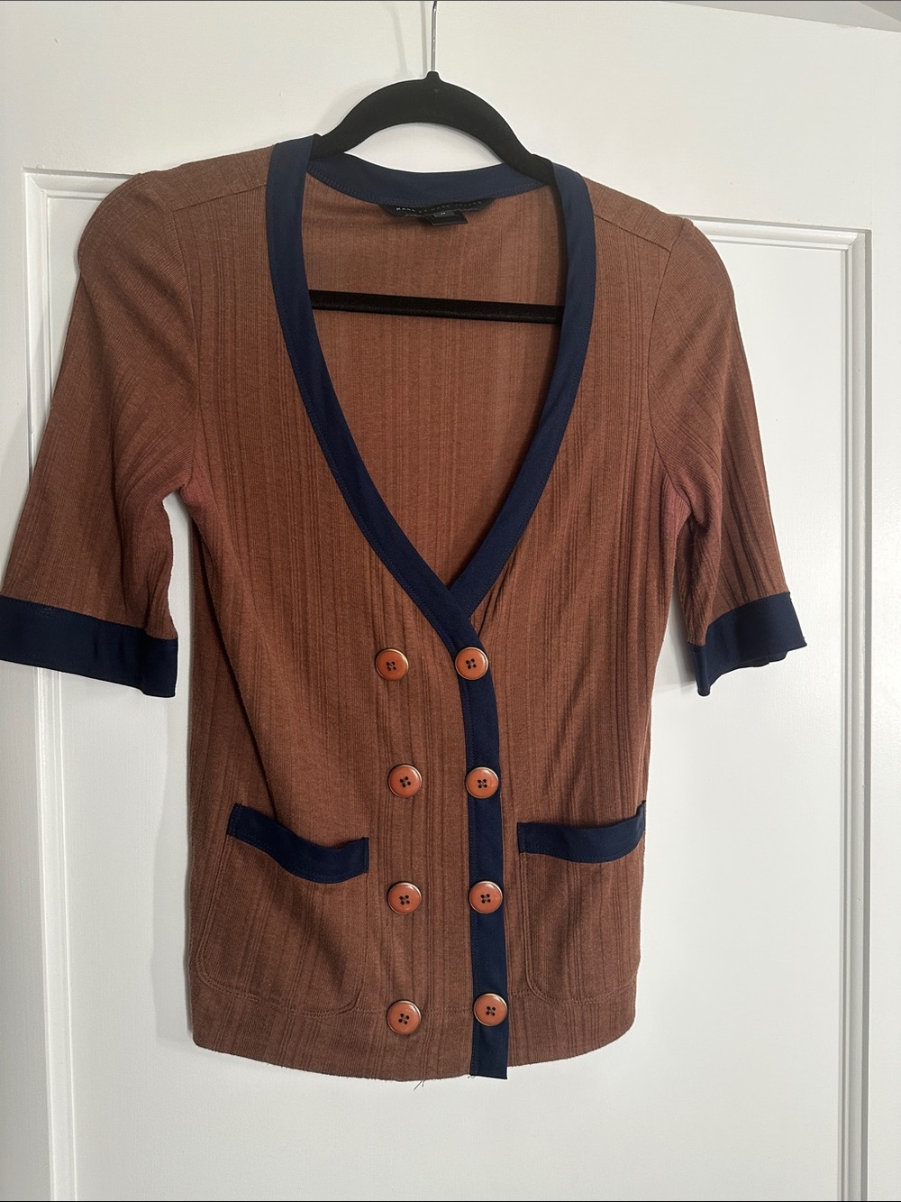 Marc Jacobs Brown Short-Sleeve Cardigan with Navy Trim